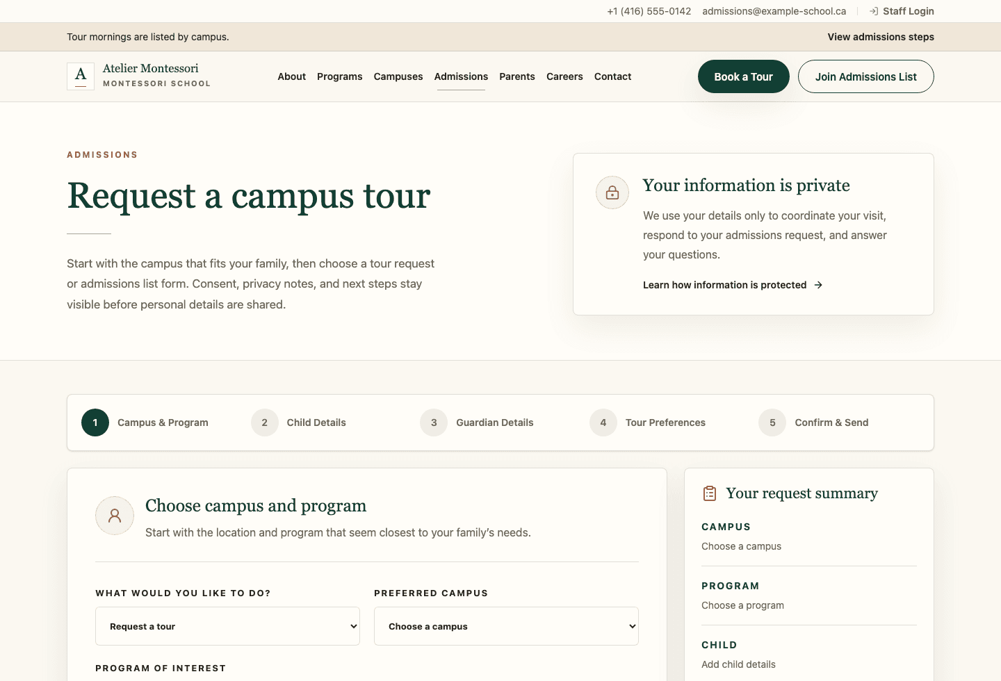 The fictional Atelier Montessori tour request page showing the multi-step public form.